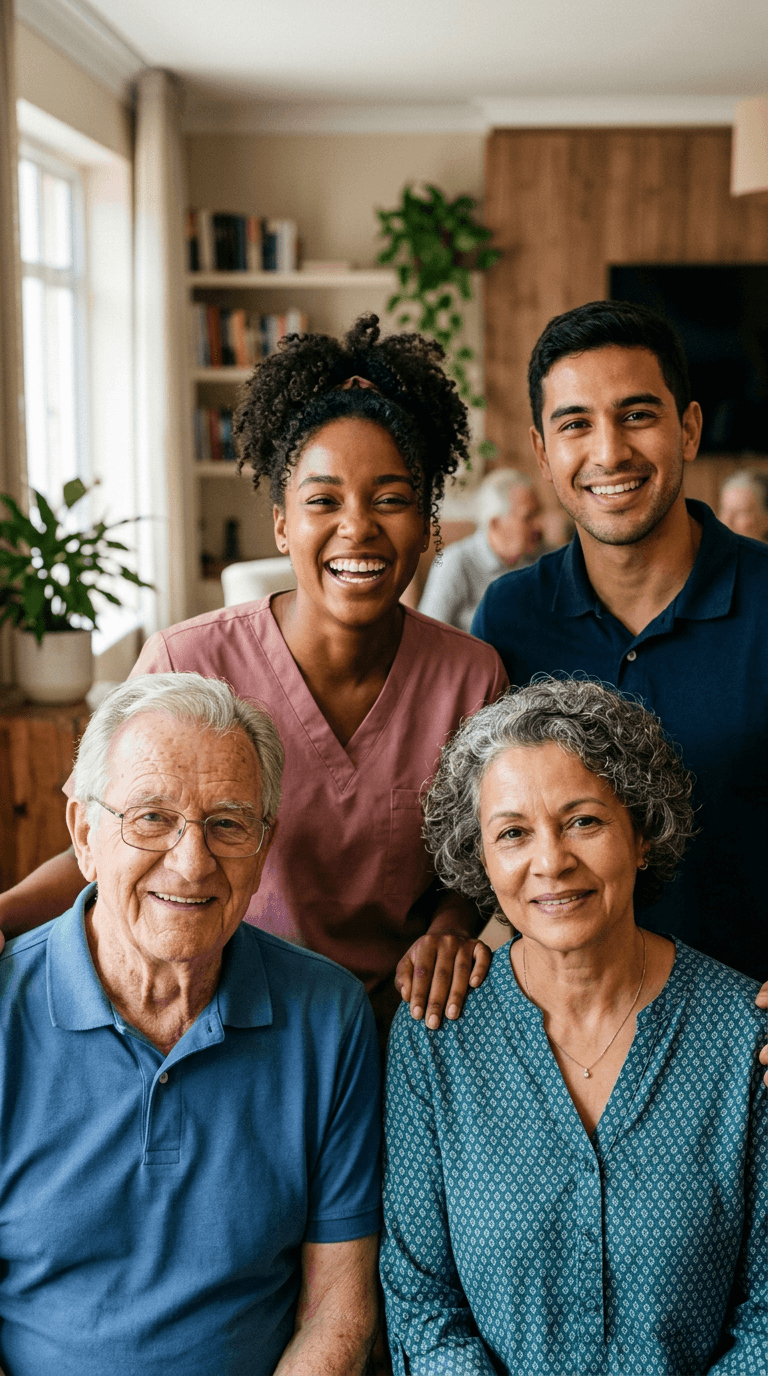 A SpecialCarers team standing with an elderly couple at home
