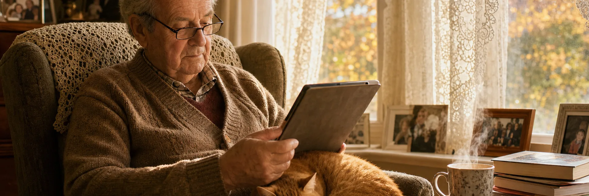 An older man reading on a tablet in a sunny armchair with a cat on his lap