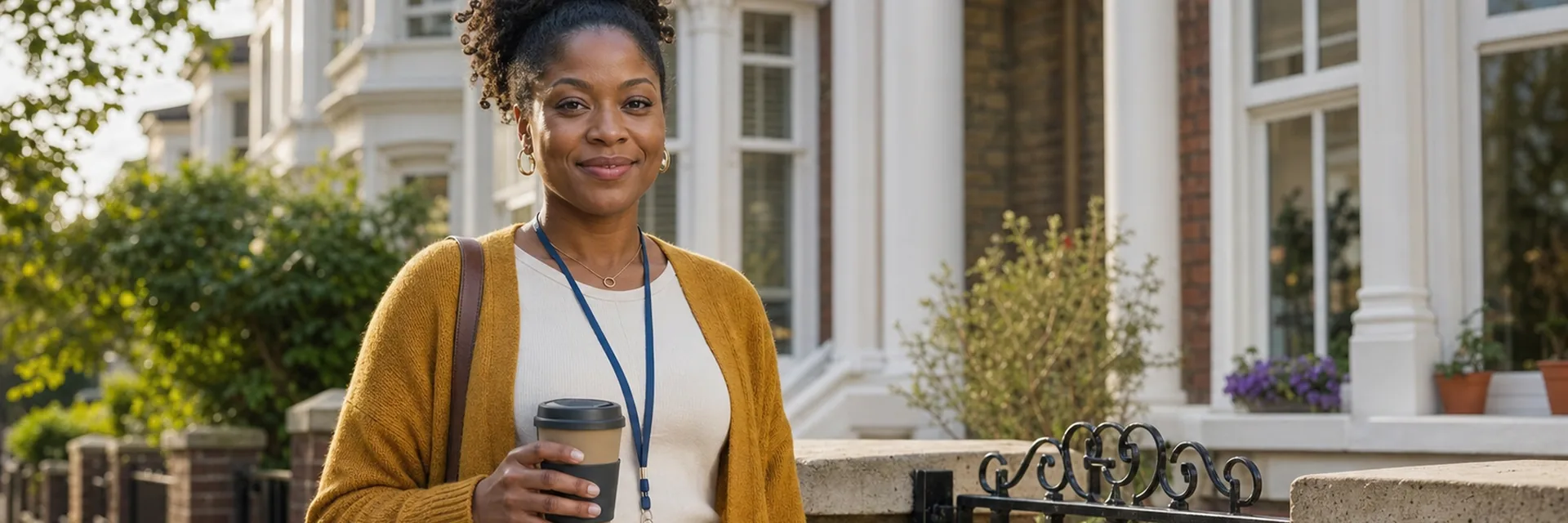 A confident professional carer smiling outside the home where she works