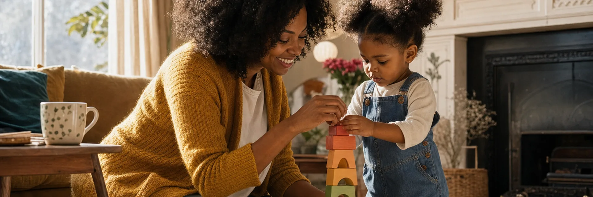 A mother and toddler playing with wooden blocks