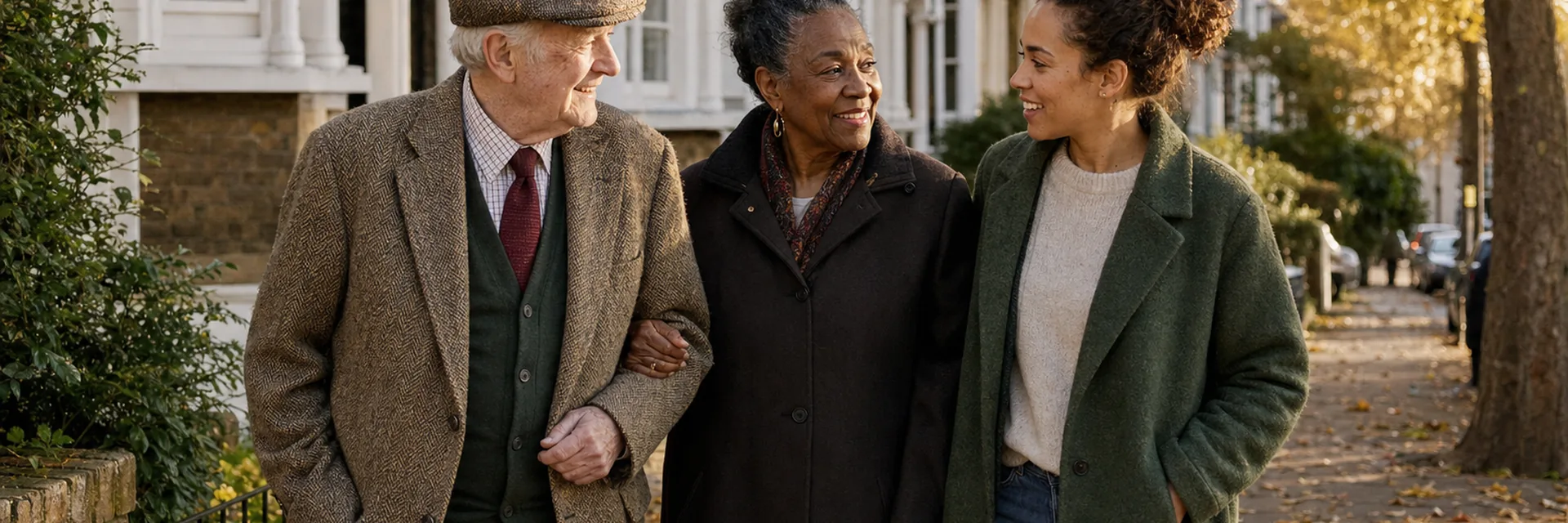 An elderly couple walking with their carer on a London street in autumn