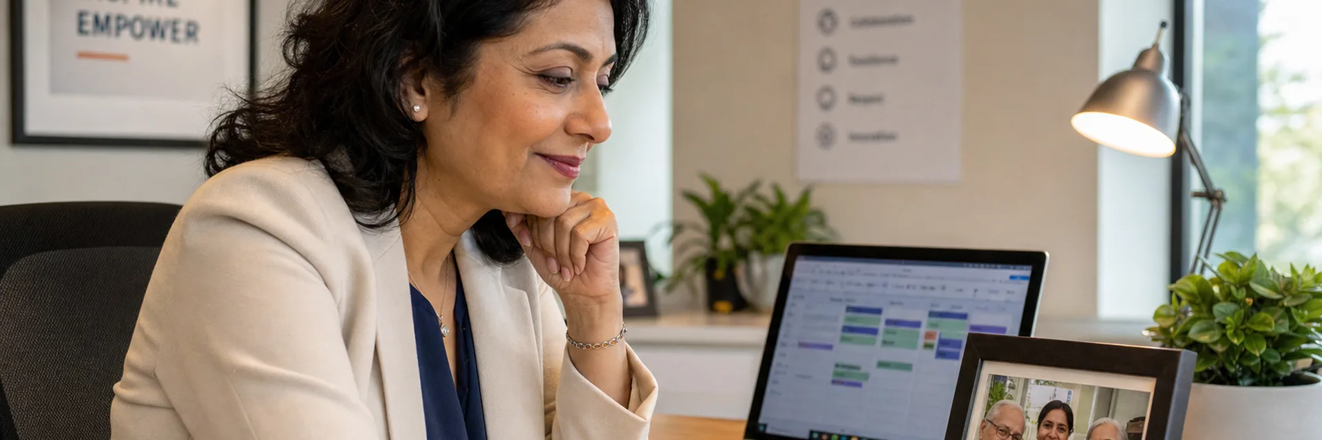 An office professional reassured at work knowing her parents have a trusted carer