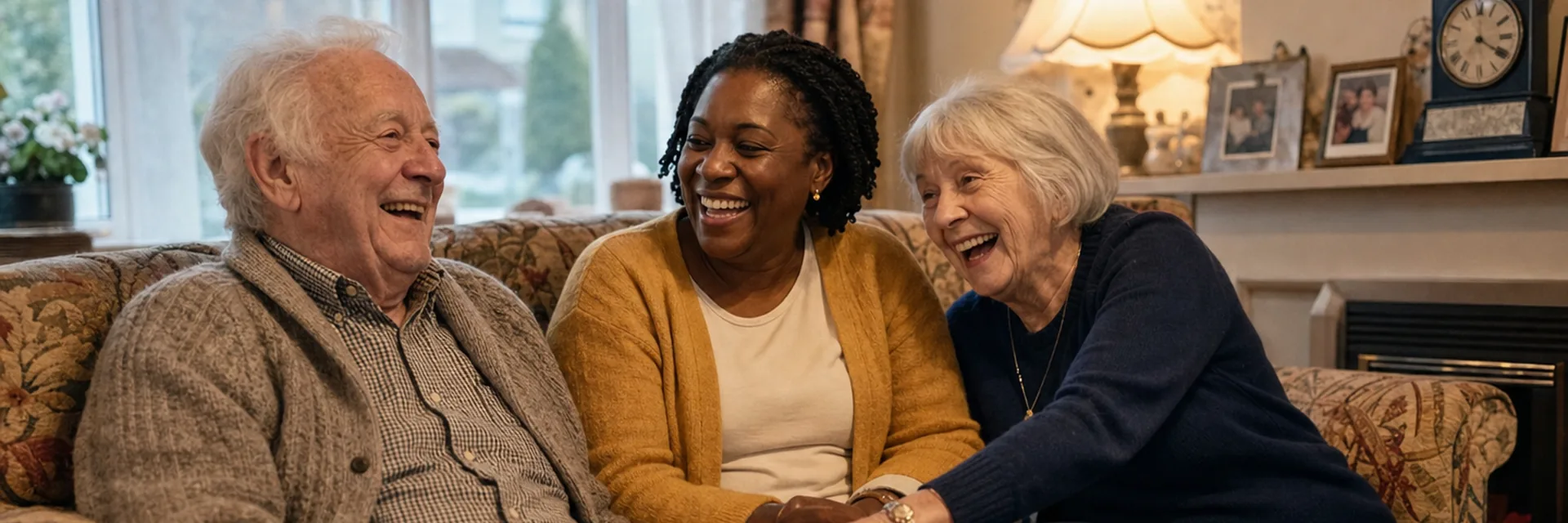 A live-in carer sharing a relaxed moment with an elderly couple