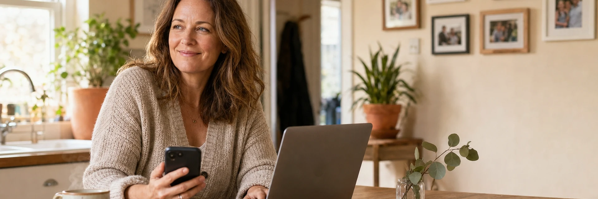A woman at her kitchen counter checking her phone, laptop open, signing in to SpecialCarer