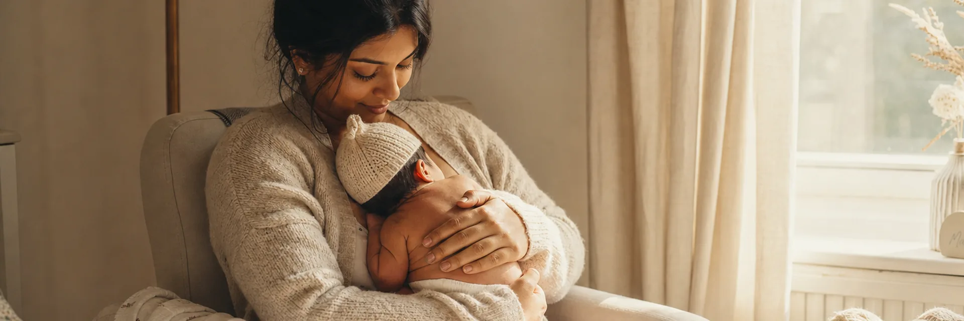 A new mother holding her newborn at home
