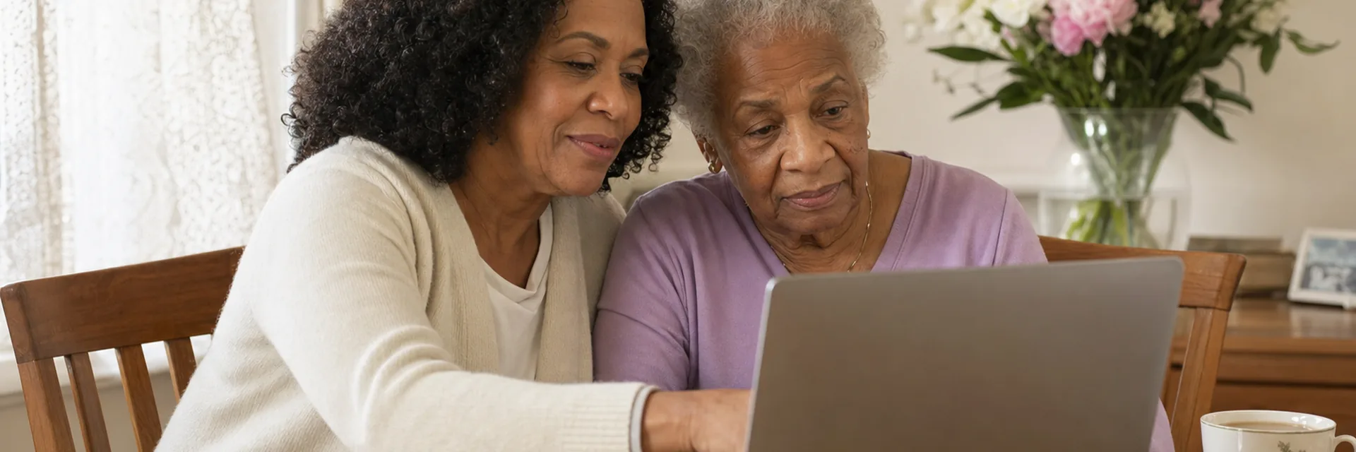 A daughter and her elderly mother reviewing care options at the kitchen table