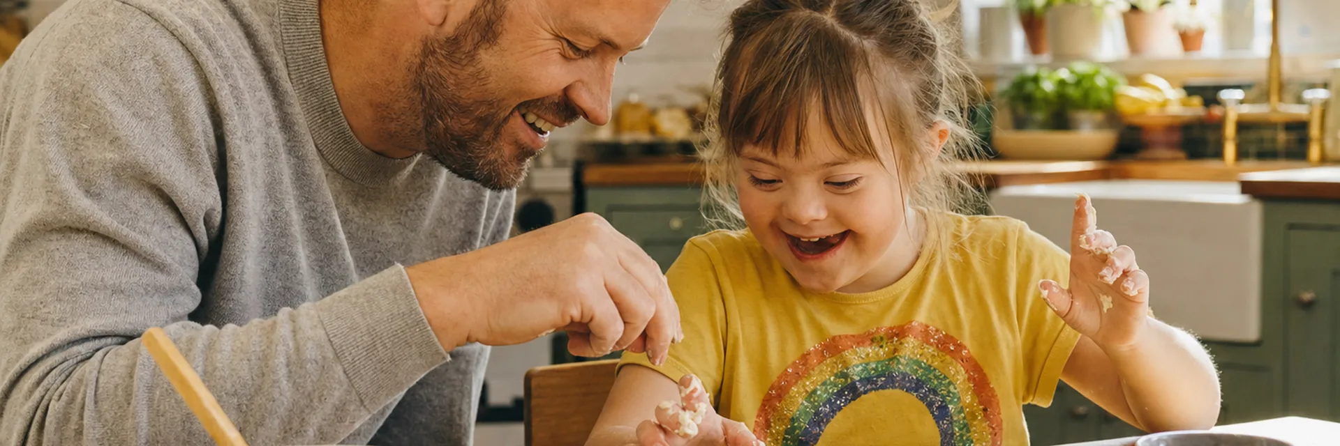 A child with Down syndrome decorating cupcakes with a carer