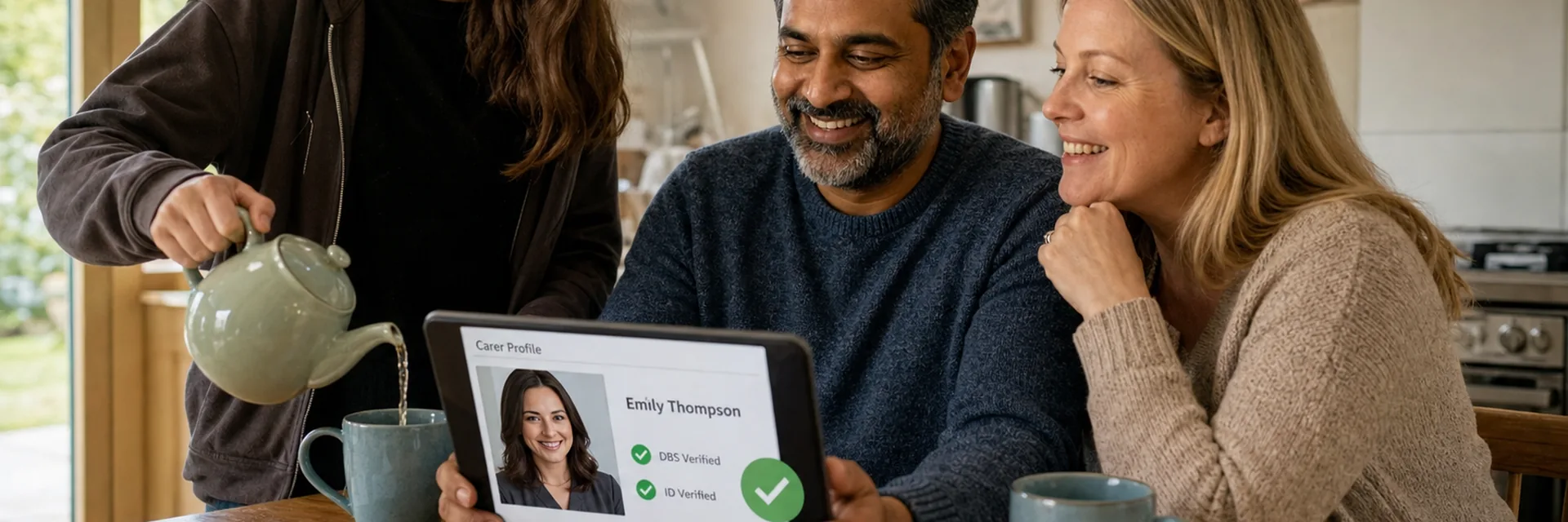 A family reviewing their carer's verified profile on a tablet at home