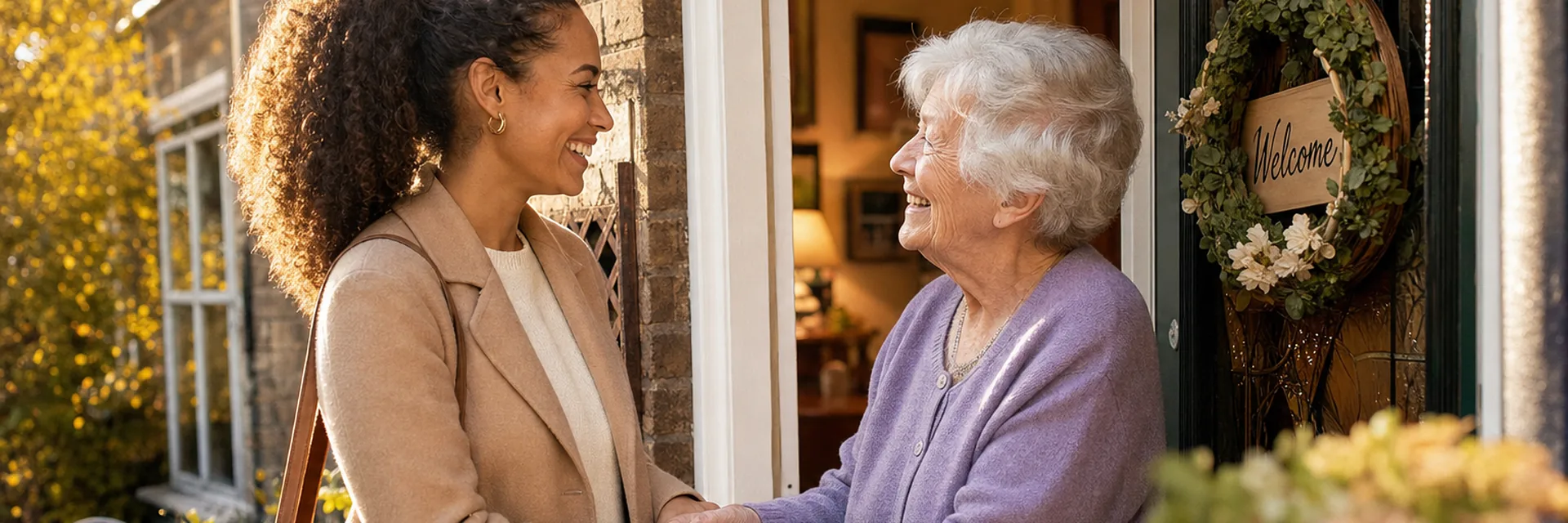 A visiting carer greeting a client at the front door